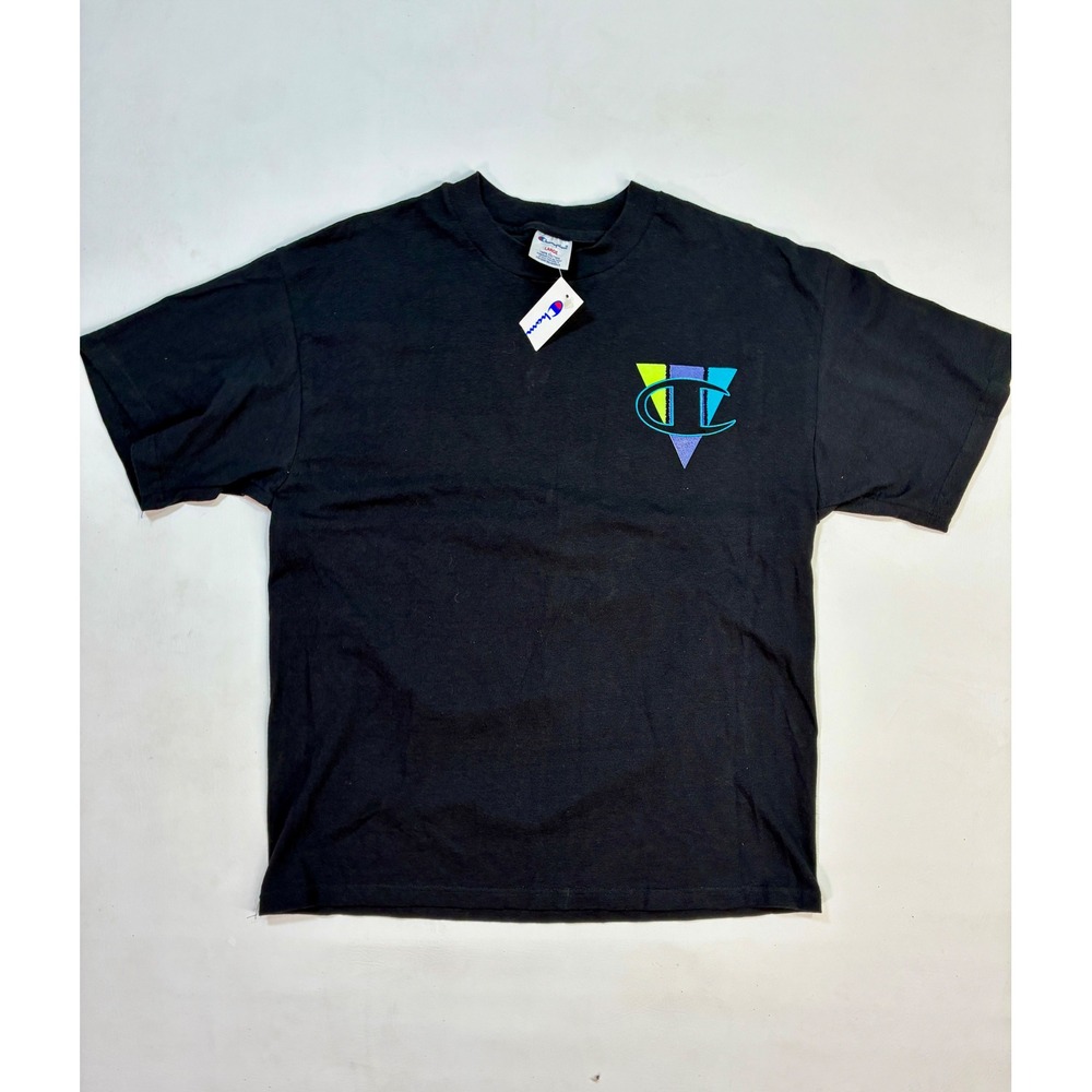 Vintage Champion Men's Black‎ Cotton Graphic T-Shirt Large Retro Unisex Tshirt